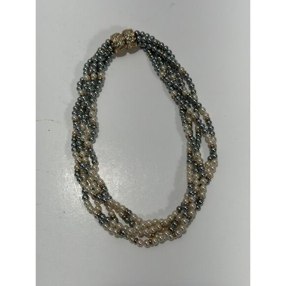 White & Silver-Blue Faux Pearl Six Strand Necklace Chocker Vintage Etch 2 Prym - Picture 1 of 11